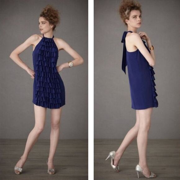 Anthropologie Va Et Vien Halter Dress Women 8 Blue Silk Ruffles Party Racerback - Picture 1 of 11